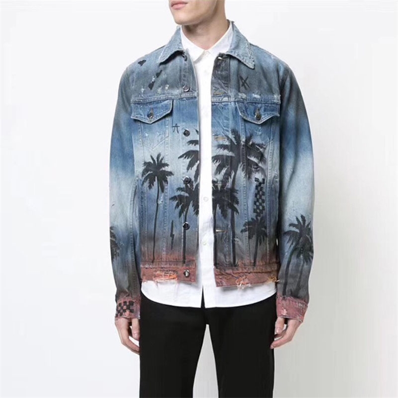 

Hip Hop Denim Jacket Coat Autumn Fashion Mens Coconut Palm Printed Streetwear Destroyed Hole Jean High Street Outerwear Jackets 201105, Blue