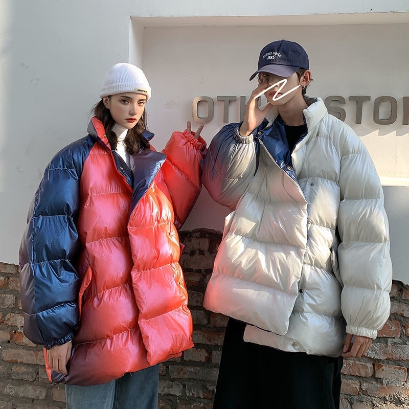 

2021 New Short Street Fashion Cotton Harajuku Style Port Loose Oversize Winter Parka Male Jacket Flash Clothes Sale IRFY 85JD, White blue.