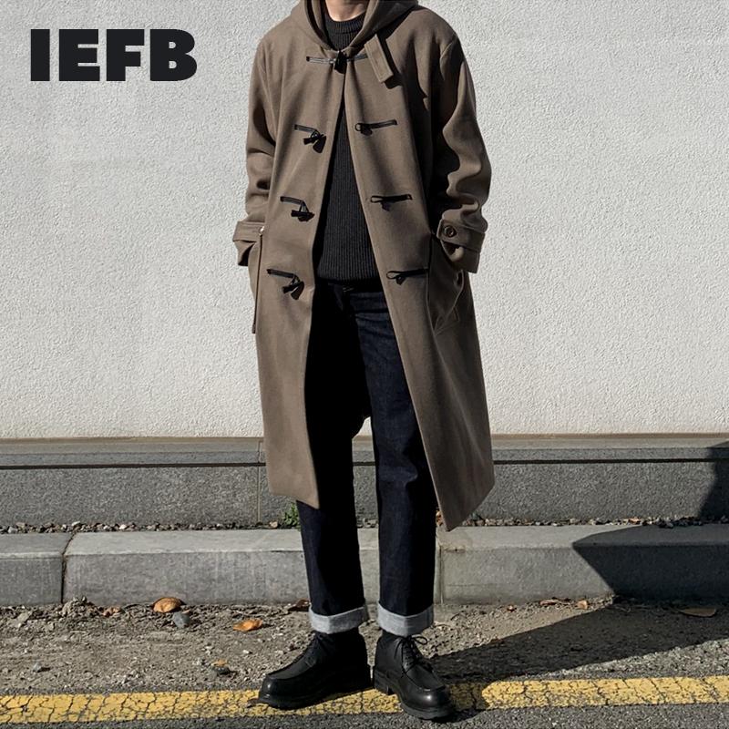 

IEFB woolen overcoat for men medium length coat hooded lapel jacket trendy men's horn button tweed windbreaker big size 9Y4241, Black
