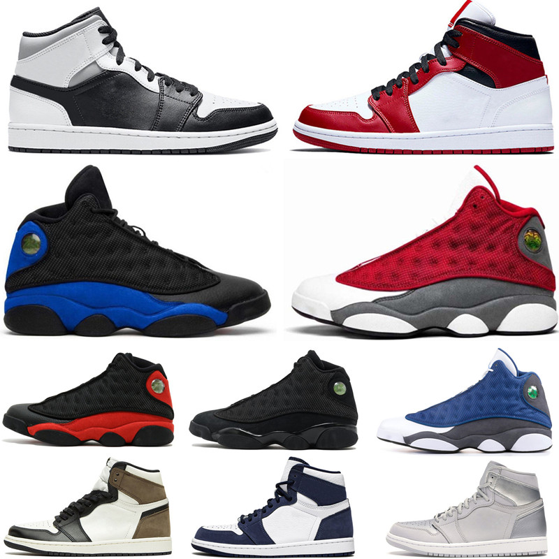 

Men Basketball Shoes Mid 1 Navy Blue Shadow Dark Mocha High OG 13 Red Flint Hyper Royal Women Sports Sneakers With Box, #5