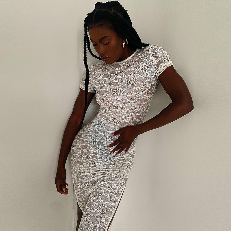 

Casual Dresses Hirigin Vacation See Through Lace Bodycon Dress With High Split Elegant Sexy Party Club Black White Summer Long