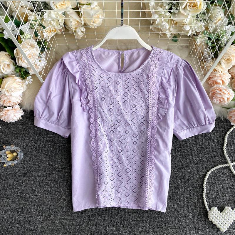 

INS Sweet Wooden Ear Slim Fit Round Neck Shirt Women Summer Hollow Lace Short Sleeve Tops Solid Color Blouse P065, Pink