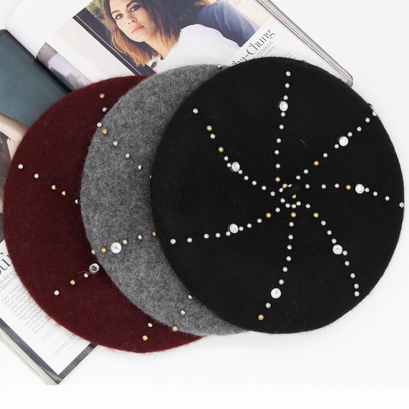 

Womens winter Hat Beret Female Wool Cotton blend Cap Autumn 2020 new handmade studs woman beret flap hat boinas de muj LL180976, Black