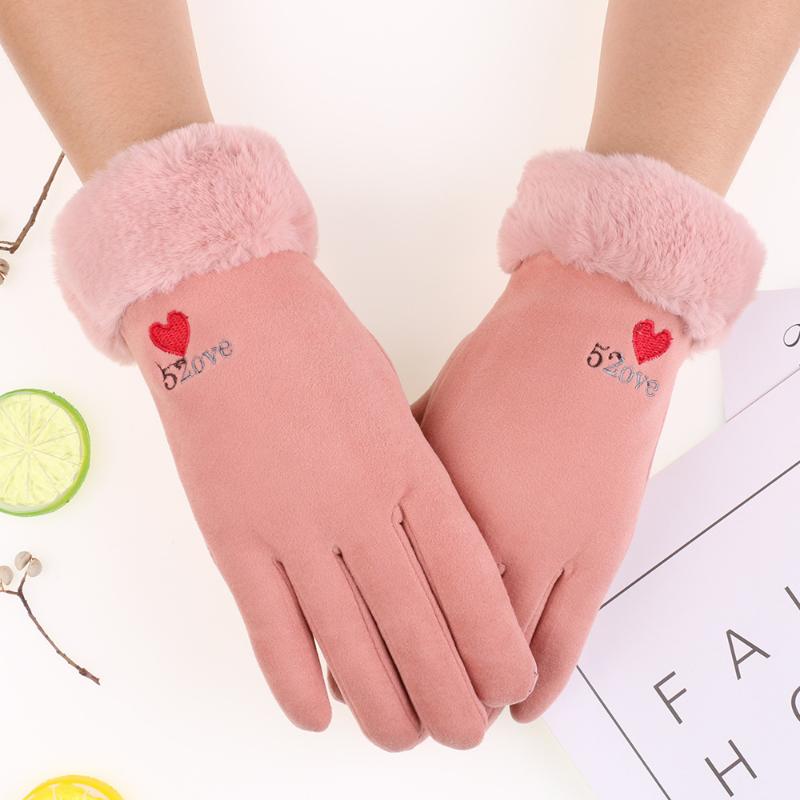 

Derong Ladies Winter Gloves Windproof Outdoor Warm Fur Mouth Plus Velvet Thick Cold-Proof Cute Touch Screen Gloves