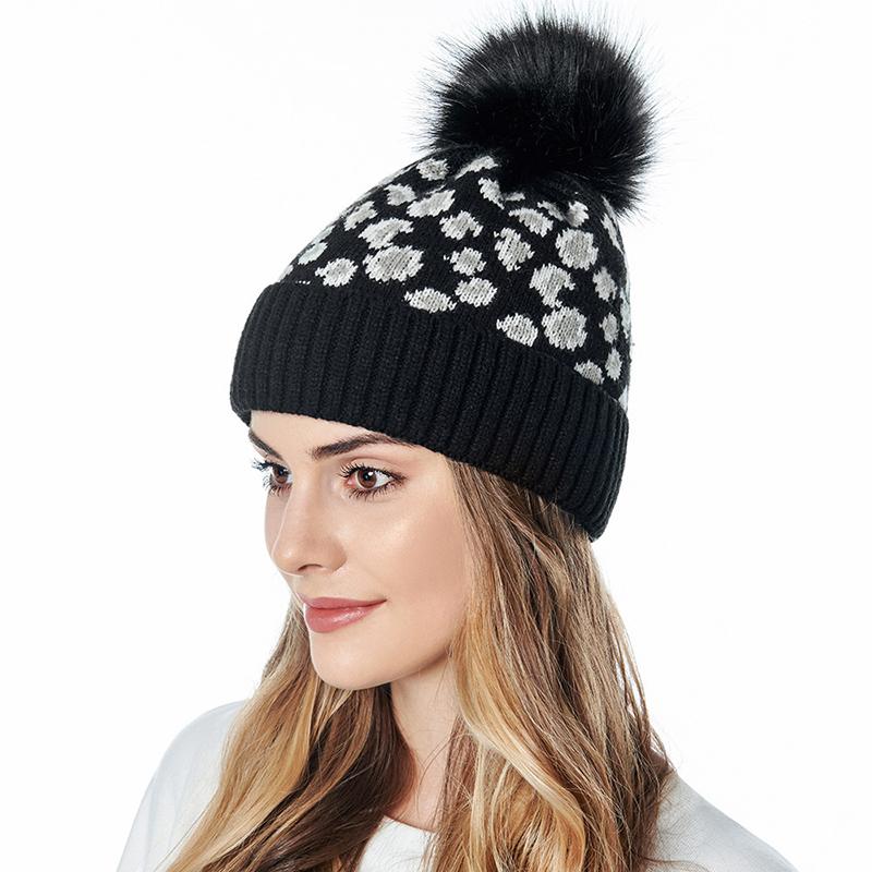 

2020 Leopard Print Woolen Knit Hat Autumn And Winter New Hat Women Amazon Fashion Warm Oversized Fur Ball Pom For Female, 05