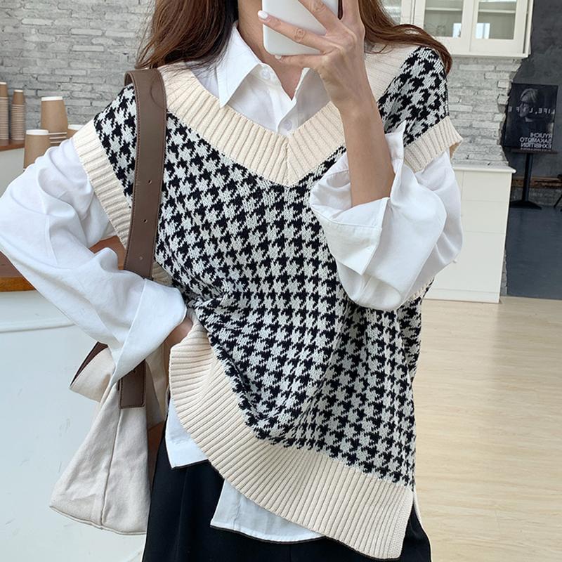 

Korean knitted Sweater Vest for Women 2020 Autumn Winter Pullover waistcoat Vest Loose Sleeveless jecket gilet femme, Houndstooth