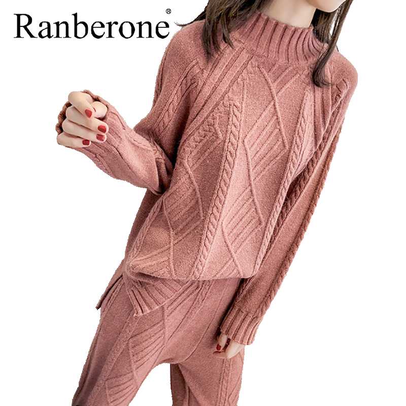 

Ranberone Winter Thicken Women Harem Two Piece Set Twisted Knitted Retro Warm Sweater Trousers Female Solid Color 2020, Black