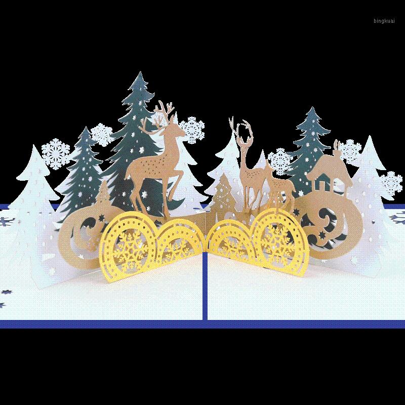 

10 PCS Merry Christmas Cards Animals Forest -Up Cards with Envelope Sticker Laser Cut New Year Greeting Gifts Handmade1