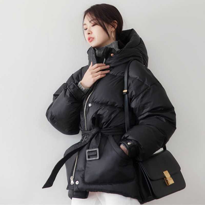 

2020 winter new style Korean version down jacket fashion loose thickened women clothes waistband hooded white duck down coats, Color same picture
