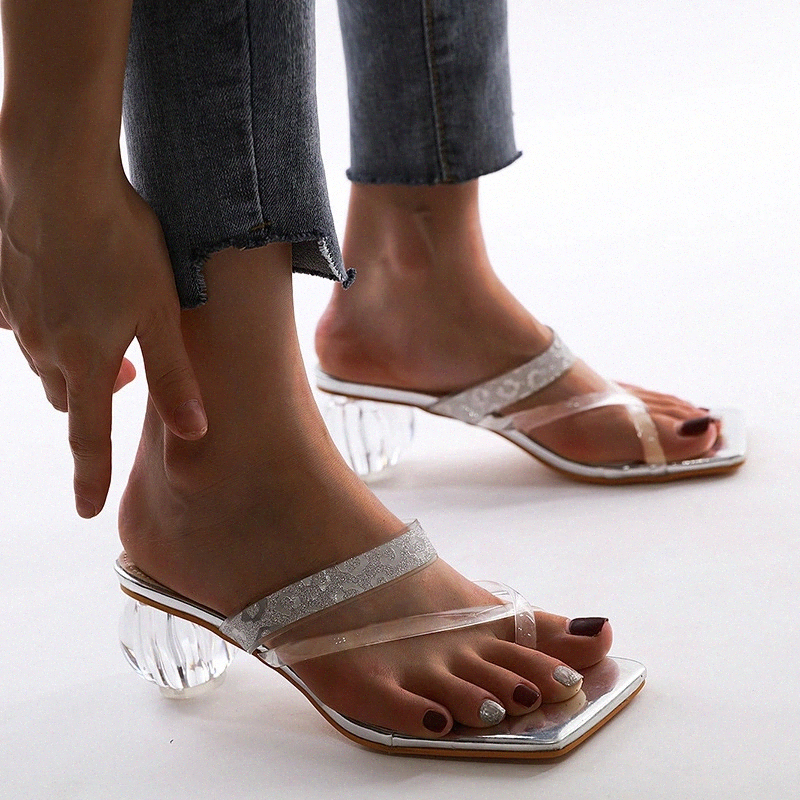 

Crystal Transparent Women Slippers Ladies Sandals Square Toe High Heels Clip Toe Slides Casual Shoes for Women Zapatos Mujer #591M