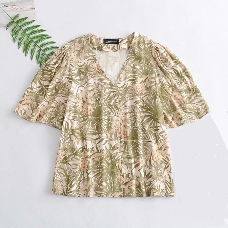 

Rainforest Printing V Neck Puff Sleeve Woman Shirt 2021 Fashion Casual Ladies Simple Blouse Loose Tops, As picture