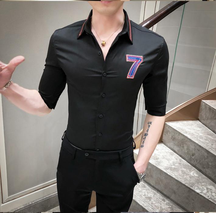 

Men's Shirts Number Embroidery Design Middle Sleeve Top Male Simple Solid Color Lapel Blouse Summer New Arrival, Black a068-bf48-p55