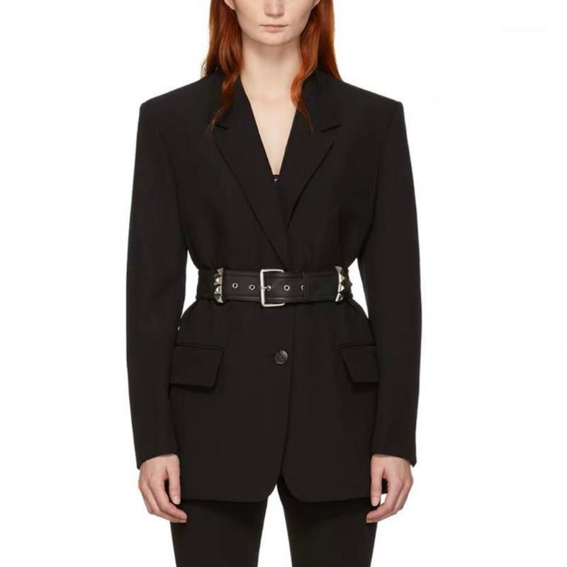 

Europe High Quality Office Lady' Blazers Notched Collar Luxury Rivet Belt Coats Women Autumn Winter Outerwear Clothing Jackets1, Black