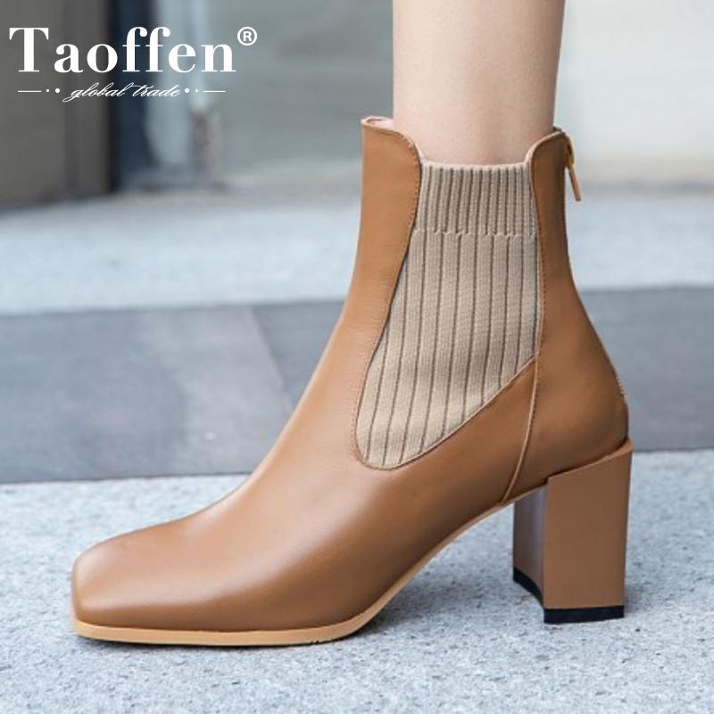 

Taoffen Women Ankle Boots Real Leather Elastic Zip High Heel Winter Shoes Woman Warm Short Boot Office Lady Footwear Size 33-40, Black