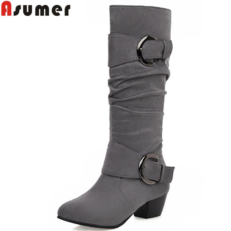

ASUMER big size 34-43 fashion autumn winter boots round toe slip on flock square mes heels shoes women mid calf boots 2020 new, Black