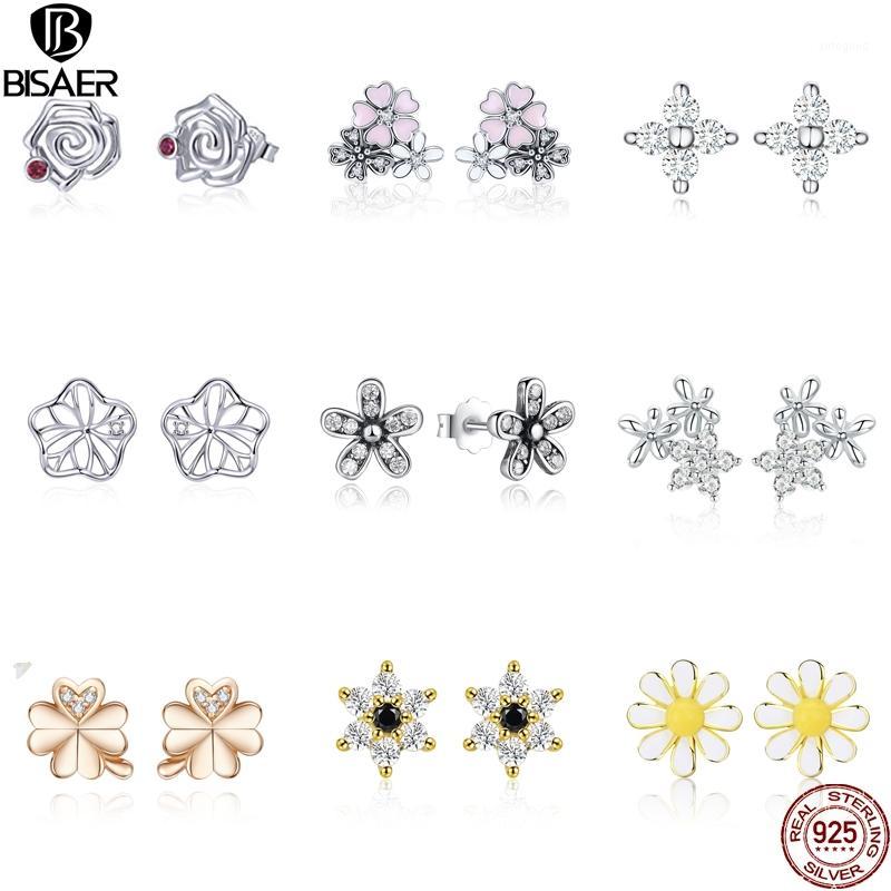 

Stud BISAER 925 Sterling Silver Dazzling Daisy Flower CZ Earrings For Women Fashion Engagement Making Jewelry Gift1