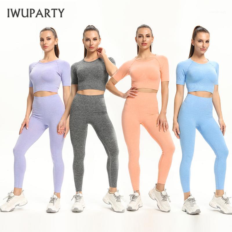 

IWUPARTY Yoga Set Workout Seamless Women Sportswear Gym Clothing Sports Suits Fitness Short Sleeve Crop Top High Waist Leggings1, Orange top