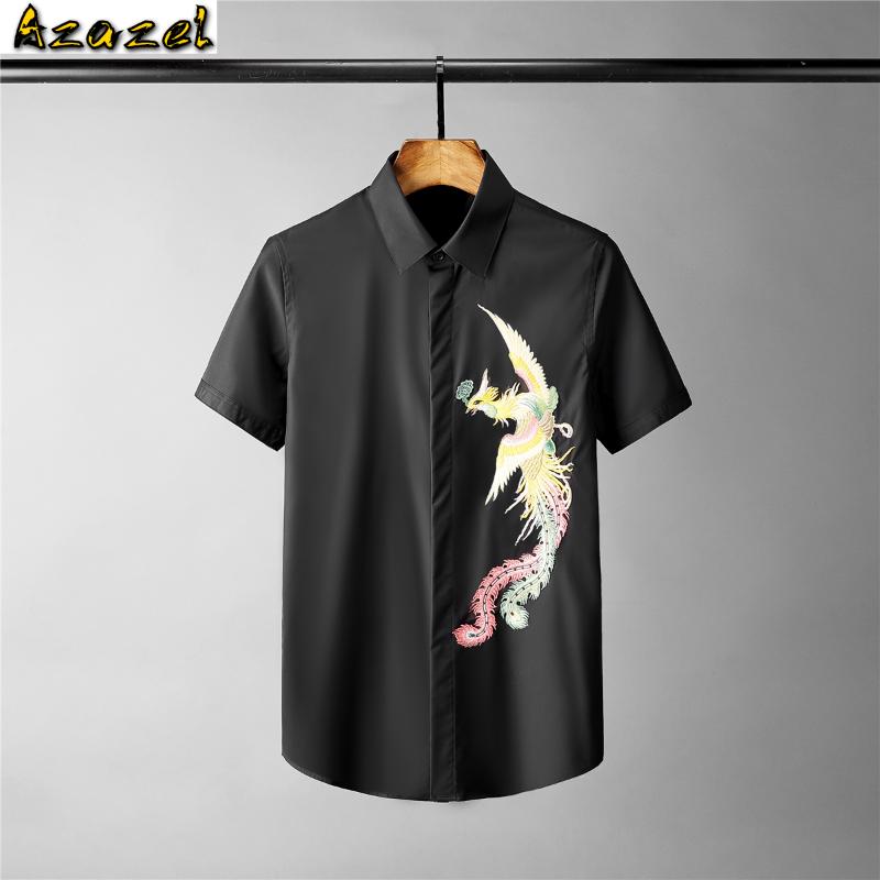 

Azazel Solid Color Mens Shirts Luxury 3d Embroidery Short Sleeve Mens Dress Shirts Plus Size 3XL 4XL Slim Fit Party Male, Blue