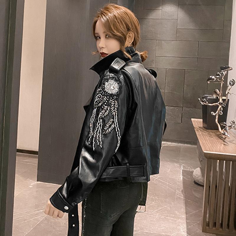 

2020 high quality Hand embroidery Pu Leather jacket women Fashion bomber coat Motorcycle faux leather Jackets Streetwear PY161, Black