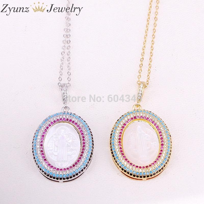 

5 Strands, Lady Of Mother of Pearl Pendant, Gold Silver Color Virgin / Mary Shell Pendant Necklace, CZ Oval Medal Jewelry