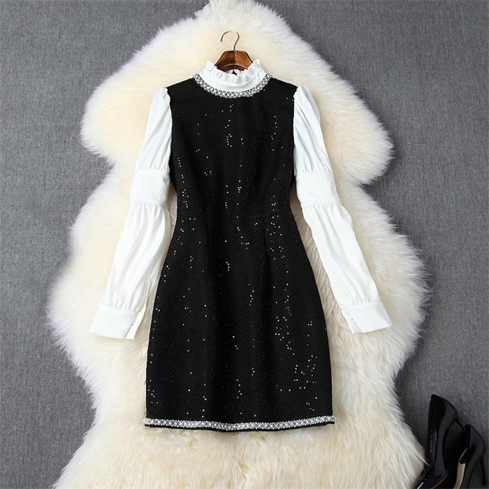 

2019 Autumn Winter Black Long Sleeve Stand Collar Contrast Color Tweed Beads Sequins Short Mini Dress & Fashion Casual Dresses N11T10437
