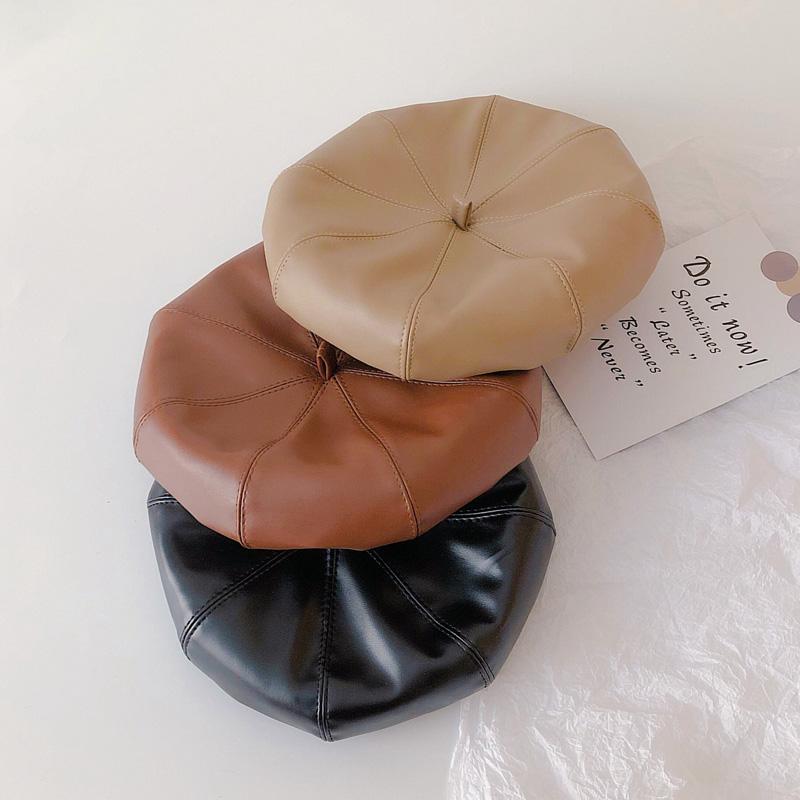 

2020 Autumn Winter New Arrival Girls Fashion PU Hat Kids Beret Pumpkin Hat Kids Leather Painter's, Black