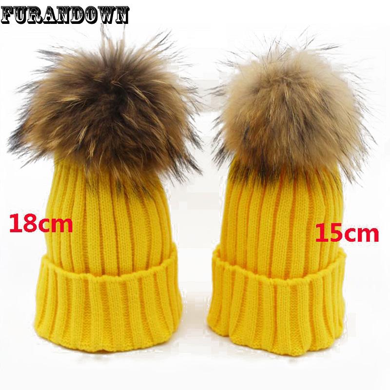 

Fashion Women's Winter Knitted Beanie Hats 18cm Raccoon Fur Pompoms Ladies Caps Ear Protect Causal Fur Hats For Women, Brown 15cm
