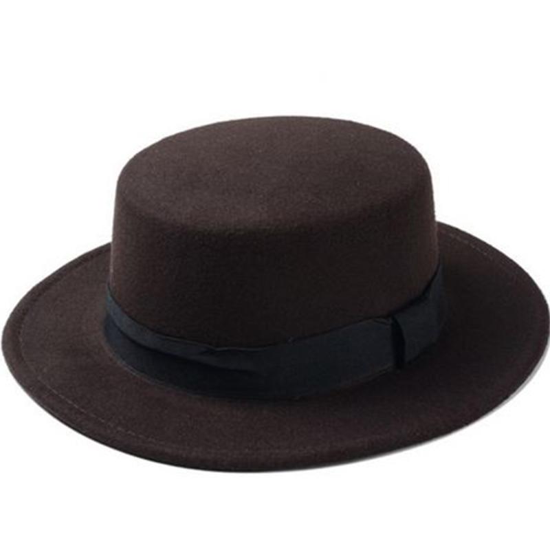 

Brand New Wool Boater Flat Top Hat For Women Felt Wide Brim Fedora Hat Laday Prok Pie Chapeu de Feltro Bowler Gambler Top, Black