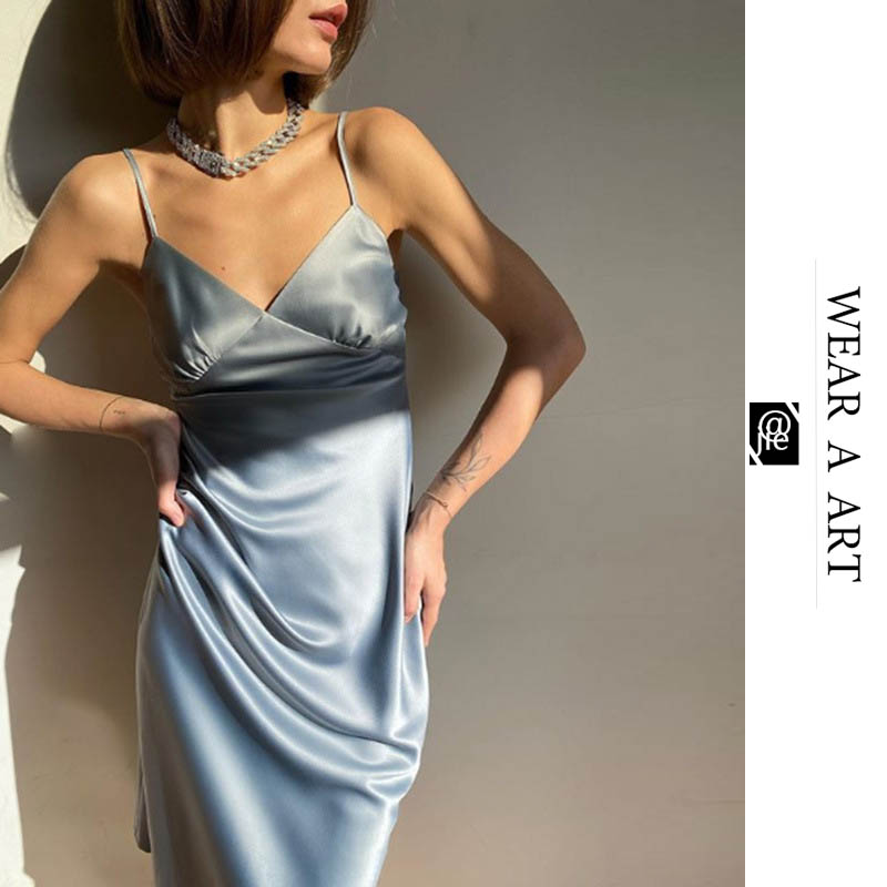 

Female Long Dress Women Sexy Halter Belt V Collar Skirt Women Loose Skirt Girl Brief Loose Skirt Spring Summer New Hot Sale High Quailty, Blue