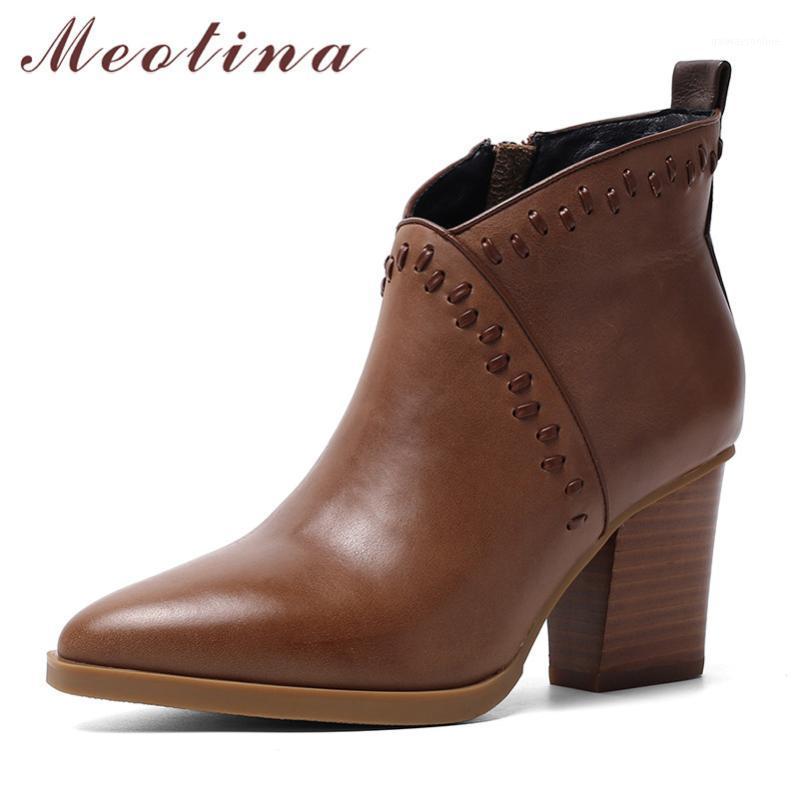 

Meotina Winter Ankle Boots Women Natural Genuine Leather Block High Heel Short Boots Zipper Pointed Toe Shoes Ladies Fall 34-391, Brown synthetic lini