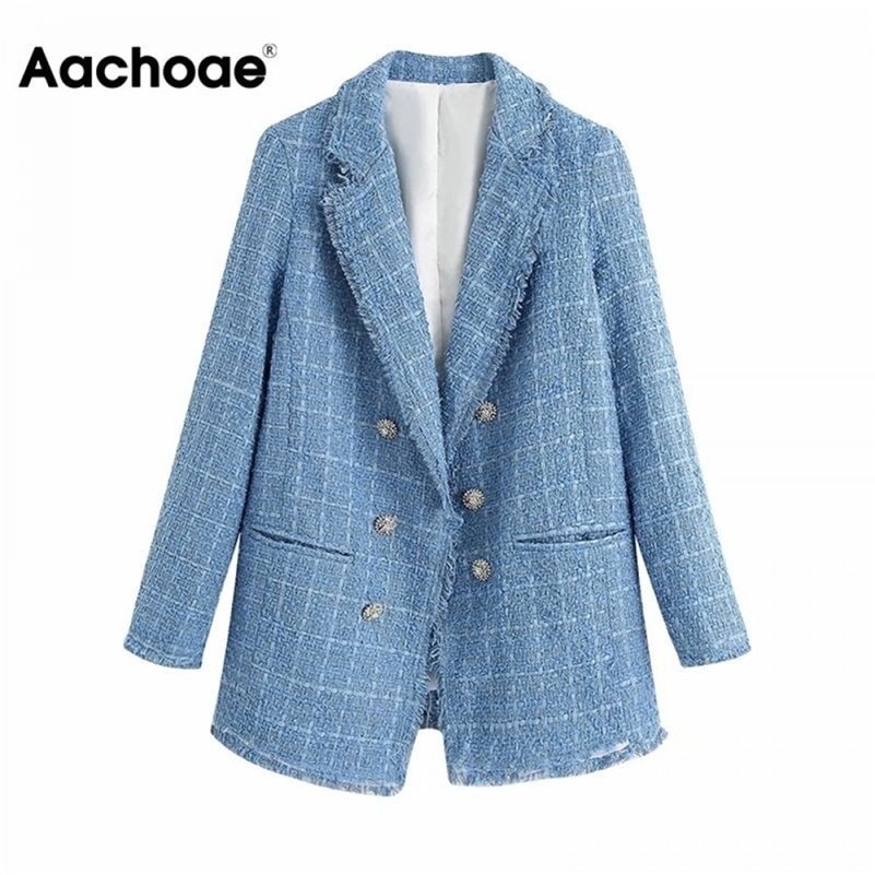 

Aachoae Fashion Office Wear Blue Tweed Blazer Women Elegant Double Breasted Jacket Coat Casual Long Sleeve Pockets Outwear 201114