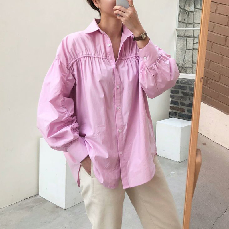 

2021 New Women Spring Lantern Sleeve Loose Shirt Casual Solid Single-breasted Cardigan Female Office Ladies Streetwear Blouses Tops Z2v1, Pink