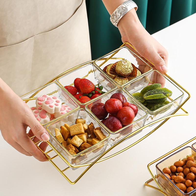 

New Glass Storage Plate Dessert Cake Biscuit Tray Nuts Candy Serving Platter Organizer Container With Metal Rack Container