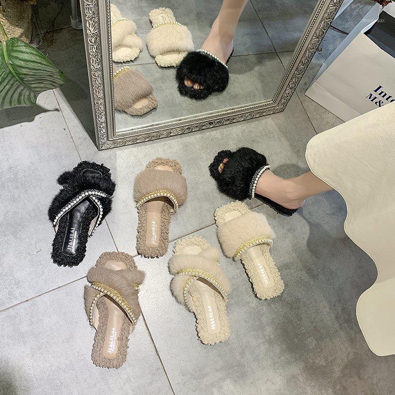

pearl fur shoes women flock cork slippers autumn fashion outdoor furry sandals woman fluffy flip flops mules fur slippers women1, Oga882-beige