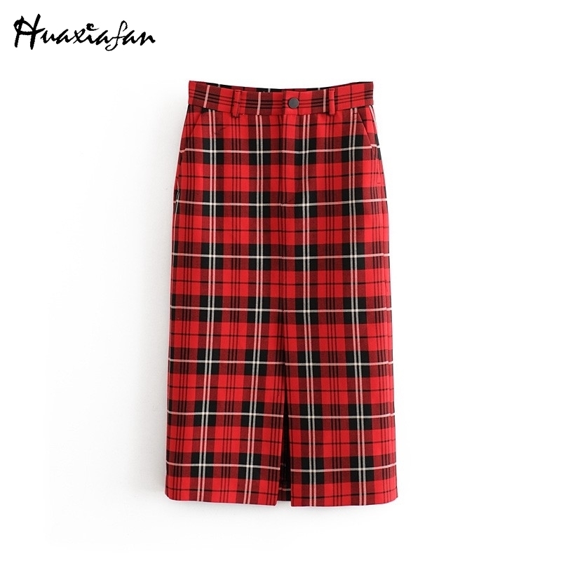 

Huaxiafan Women Skirt Red Plaid Women Split Long Skirts Straight High Waist Vintage Stylish Faldas Mujer Moda Office Ladies Wear Y200326