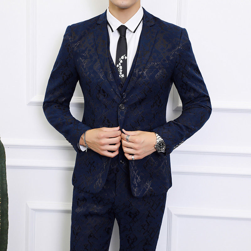 

2021 New Latest Coat +vest+pants / Flowers Design Black Blue Formal Evening Slim Tuxedo Terno Men's Suit Suitable for Wedding Jh51, Blue vest only