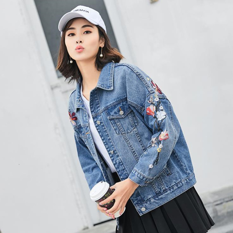 

Women' Coat Denim Spring New Autumn Embroidered Long Sleeve Jacket X42q, Blue