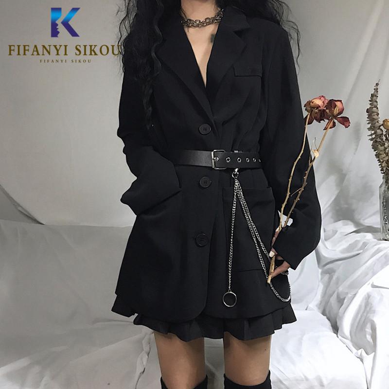 

2020 Spring Womens Black Blazer Coat Fashion Loose Harajuku Blazers Jacket Women Belt Chain Long sleeve Vintage Suit Jackets