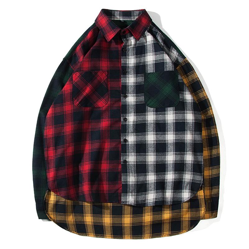 

Loldeal Flannel trend of color matching plaid shirt men's casual hip hop loose long-sleeved shirt 5XL, Black