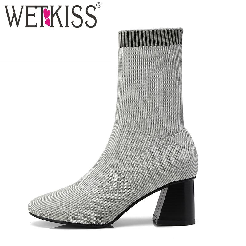 

WETKIS Knitting High Heels Socks Boots Women Round Toe Stretch Boots 2021 New Fashion High Neck Shoes Ladies Hoof Heels Footwear, Black
