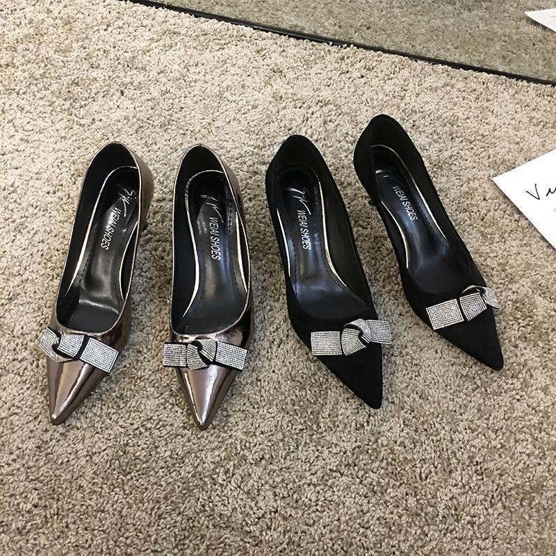 

Crystal bow-knot pointed toe shallow pumps women slip on brand designer thin high heels sexy ladies fashion all match shoes 20211, Black
