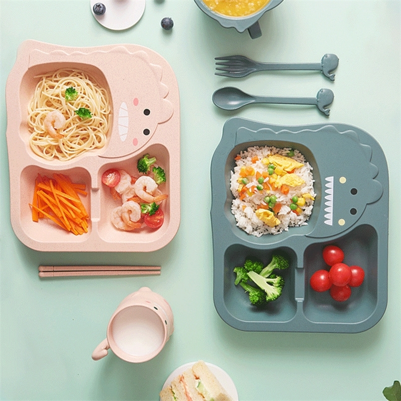 

Baby Tableware Set Kids Dinner Plate household creative cartoon Fork Cup Drop-resistant Children Feeding Dishes for gift LJ201019