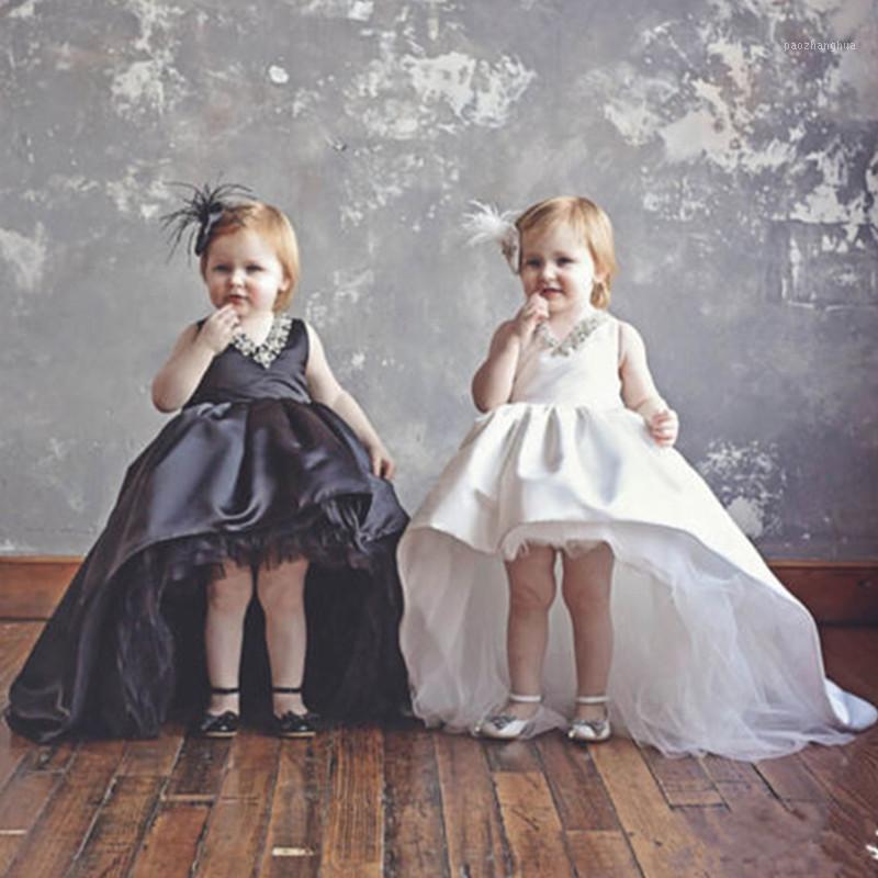 

Stain Hi-Lo Beads Flower Girl Dress Kid Party Pageant Dress Girl Princess Formal Wedding Occasion Gown1, White as image