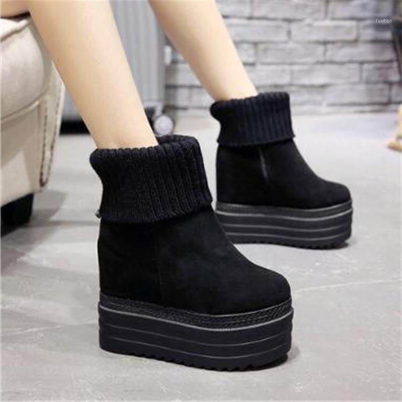 

Hot Winter Newest 14CM Heels Shoes Women Wedge Boots Increased Flock Female Matte Warm Wool Mouth Short Ankle Boots Black Brown1, Brown
