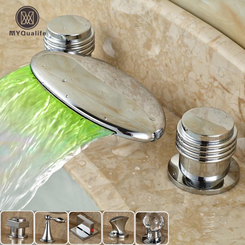 

Classic LED Color Changing Waterfall Spout Bathroom Tub Sink Faucet Dual Handle Deck Mounted Basin Washing Taps