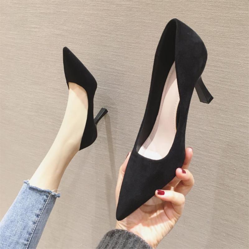 

Pumps Women High Heels Shoes Solid Color Thin Heels Pointed-Toe Flock Shallow Mouth Shoes Fashion Women Party, Apricot 5.5 cm