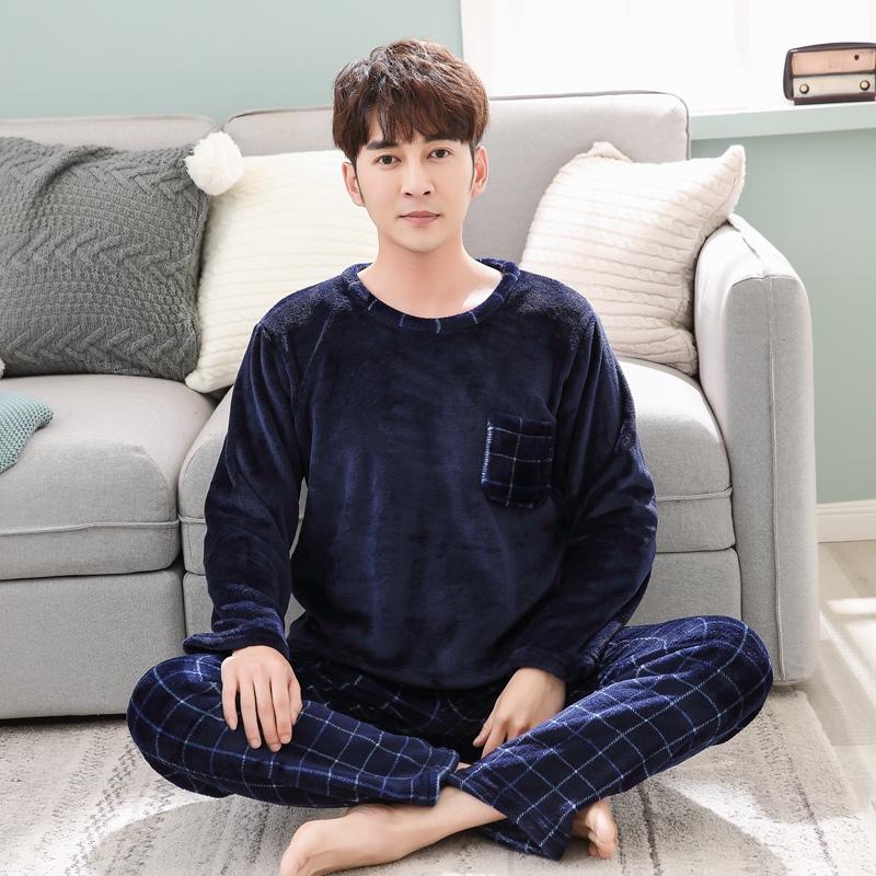

Casual Plaid Long Sleeve Thick Warm Flannel Pajama Sets for Men Winter Coral Velvet Sleepwear Suit Pyjamas Homewear Home Clothes, 145