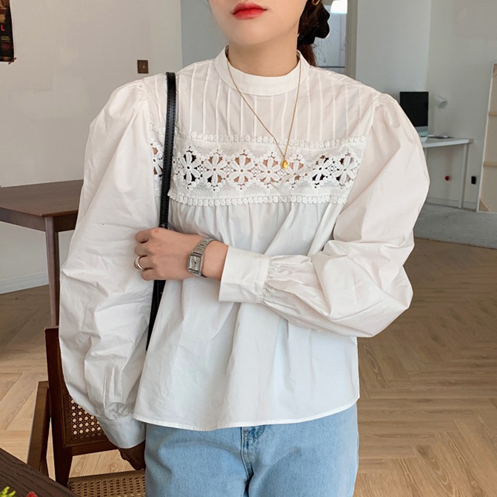 

2021 Korean Version Blouse Spring Autumn New Fashion Loose Simple Thin Best Hook Flower Puff Sleeve UUVW, White