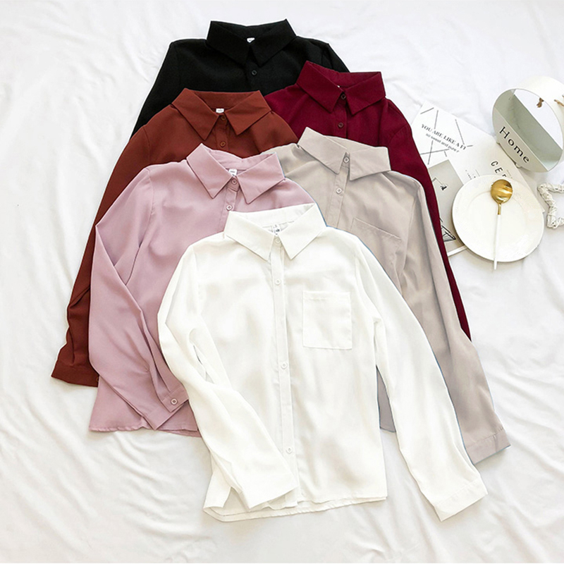 

2021 New Long Sleeve Chiffon Turn-down Collar Female Tops Vogue Single-breasted Shirt WODQ, Alcohol