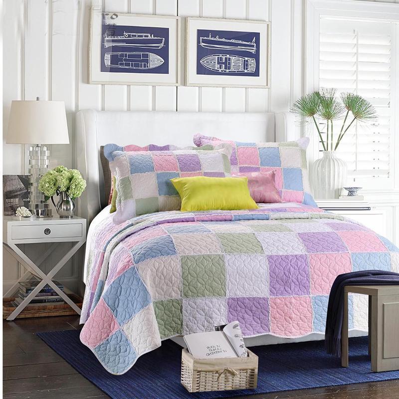 

Korean Elegant Bedspread Patchwork/Grids Colchas Cute Coverlet Comforter 3pcs Bedding set Cubrecamas Quilted Bedcover Pillowcase1, Picture color